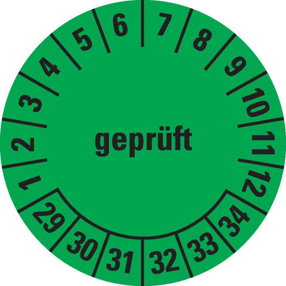 Prüfplakette geprüft 29-34, grün, Folie, ablösbar, Ø 30 mm, 18/Bogen