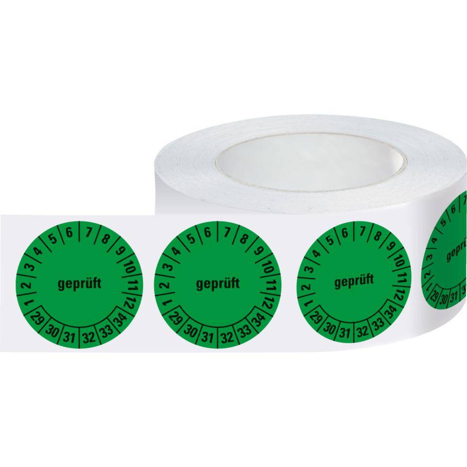 Prüfplakette geprüft 29-34, grün, Folie, ablösbar, Ø 20mm, 500/Rolle