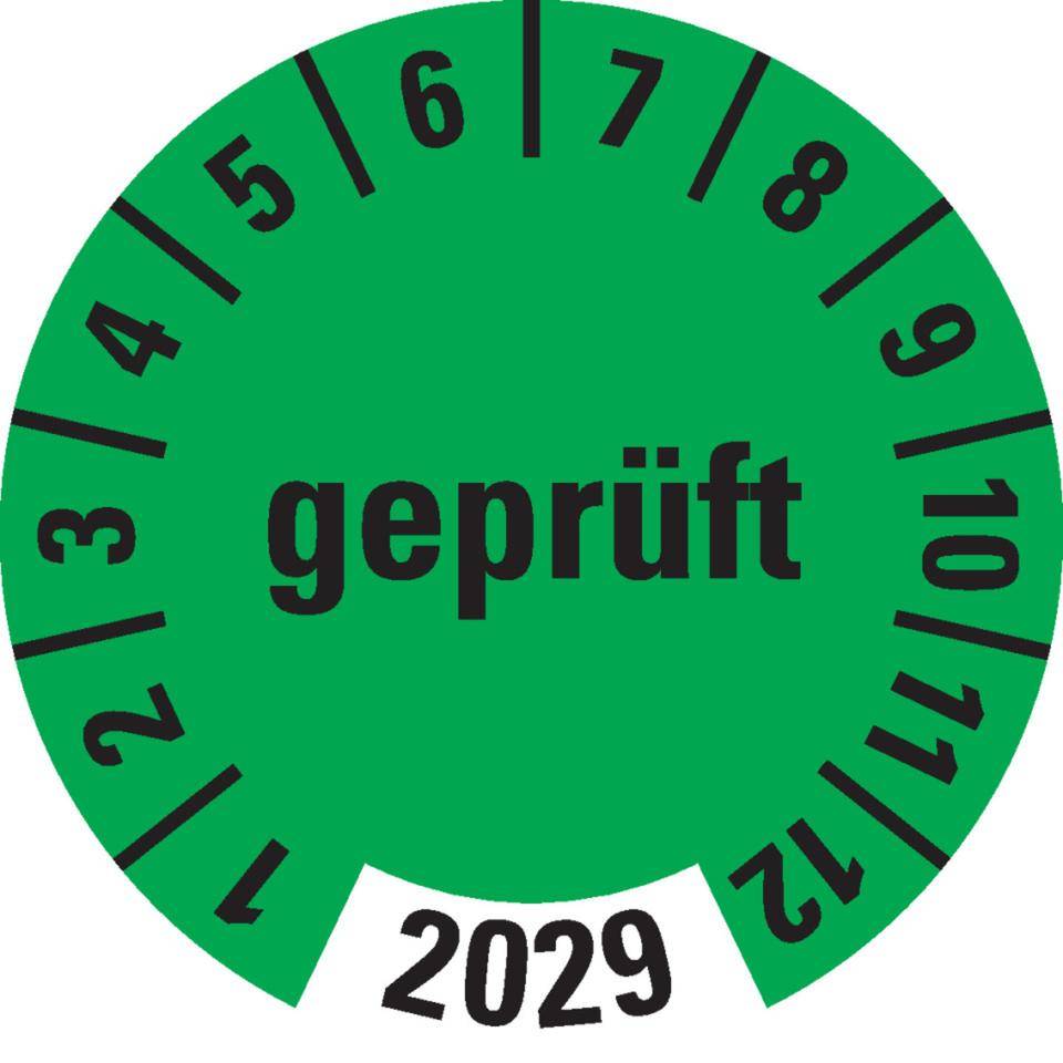 Prüfplakette geprüft 2029, grün, Folie, ablösbar, Ø 30mm, 18/Bogen