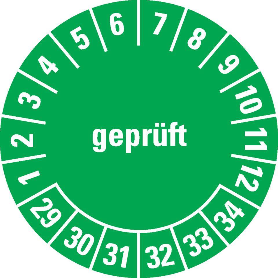 Prüfplakette geprüft 29-34, grün, Dokumentenfolie, selbstklebend, Ø25mm, 21/Bogen