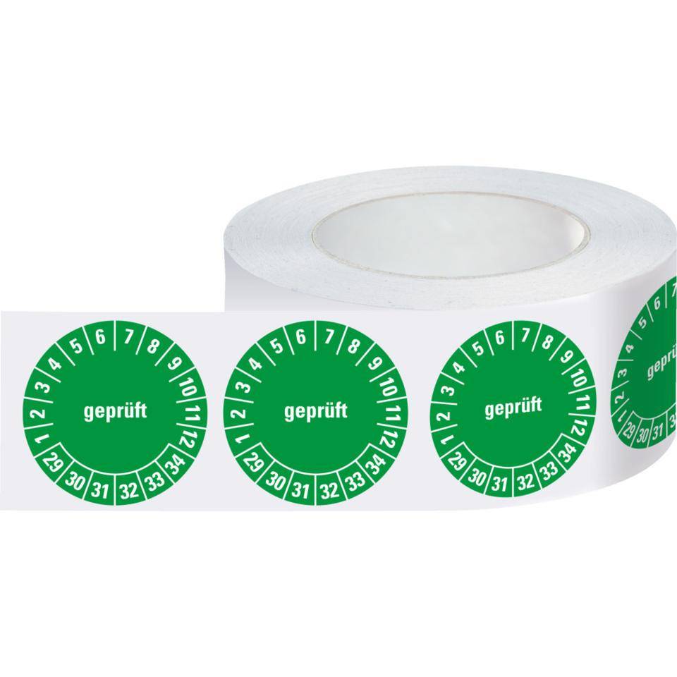 Prüfplakette geprüft 29-34, grün/weiß, Dokumentenfolie, selbstklebend, Ø30mm, 500/Rolle