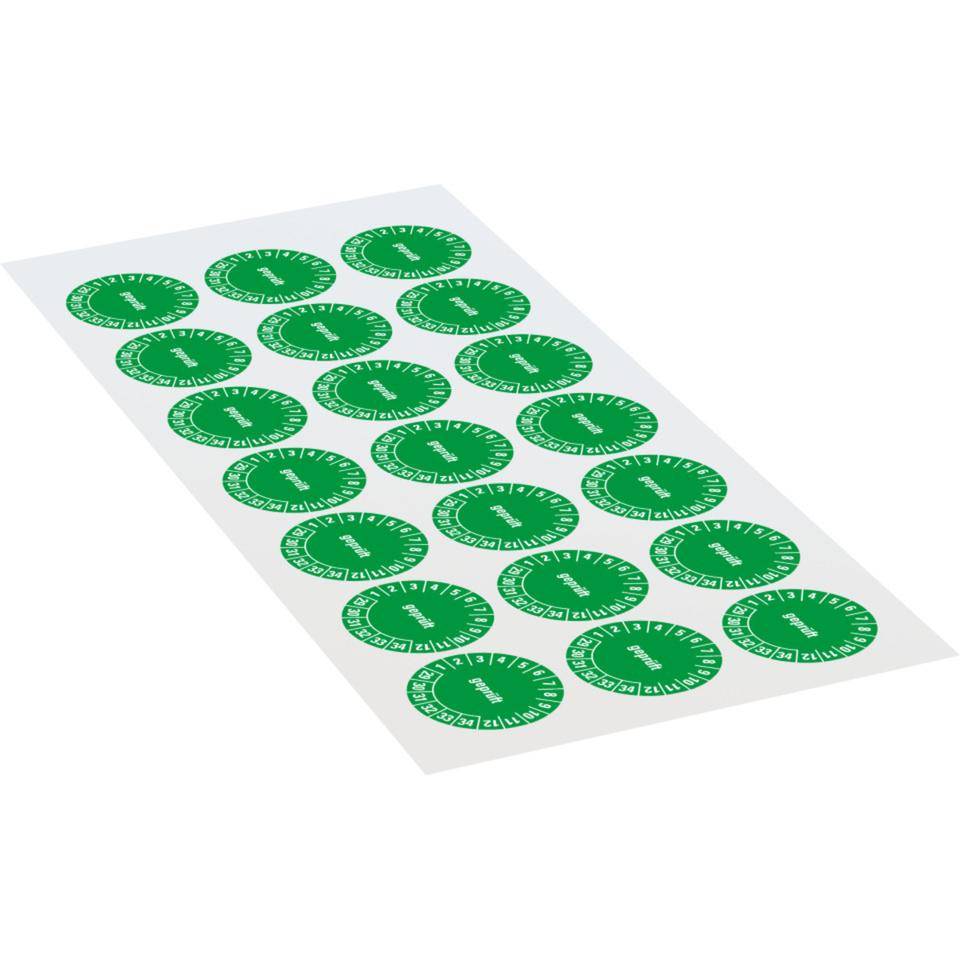 Prüfplakette geprüft 29-34, grün, Dokumentenfolie, selbstklebend, Ø25mm, 21/Bogen