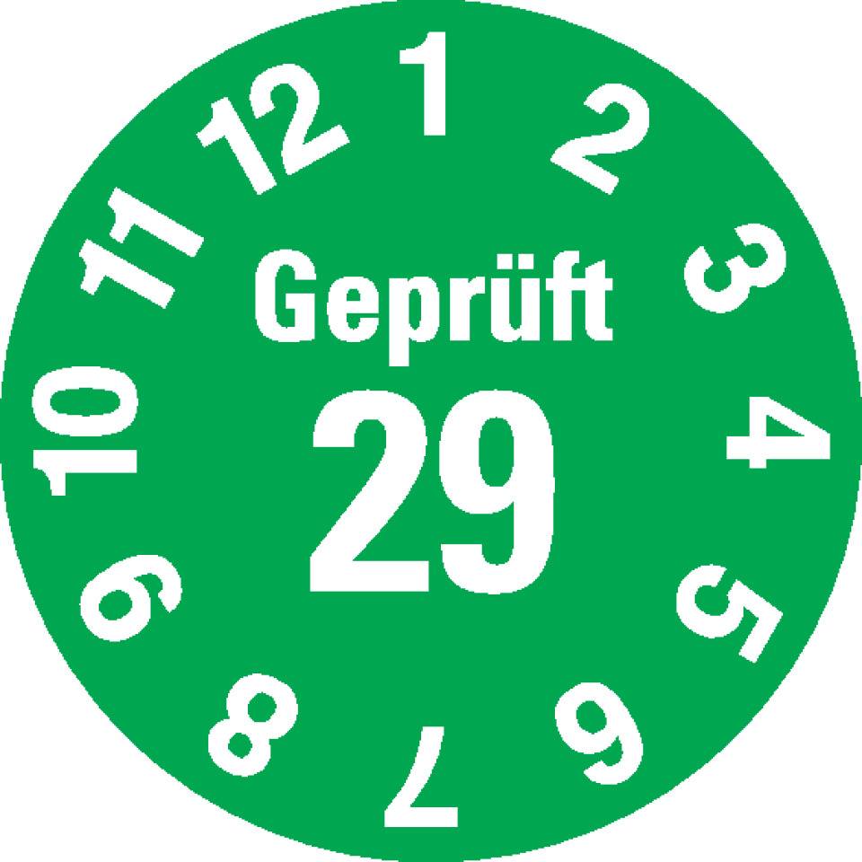 Prüfplakette Geprüft 29, grün, Dokumentenfolie, selbstklebend, Ø 15mm, 60/Bogen