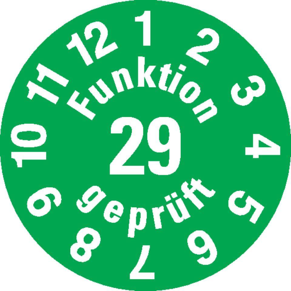 Prüfplakette Funktion geprüft 29, grün, Dokumentenfolie, selbstklebend, Ø 15mm, 60/Bogen