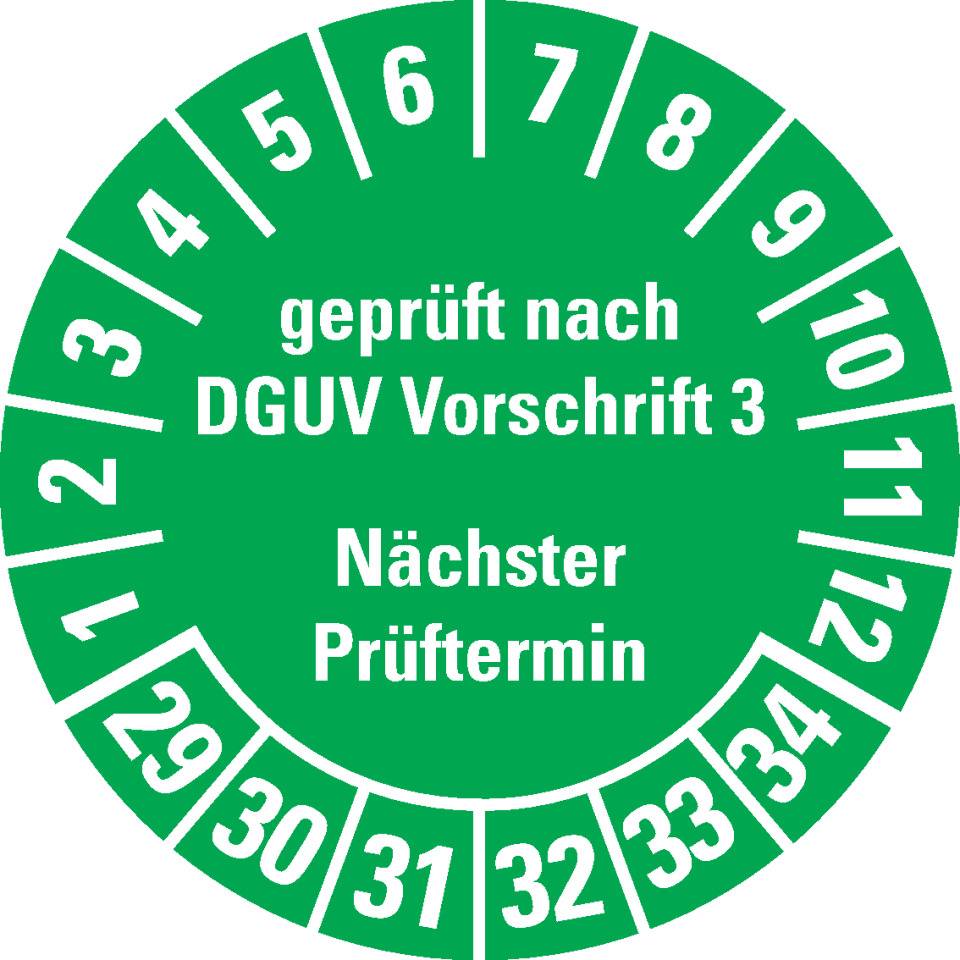 Prüfplakette Geprüft nach DGUV Vorschrift 3 Nächster Prüftermin 29-34, grün, Dokumentenfolie, Ø25mm, 21/Bogen