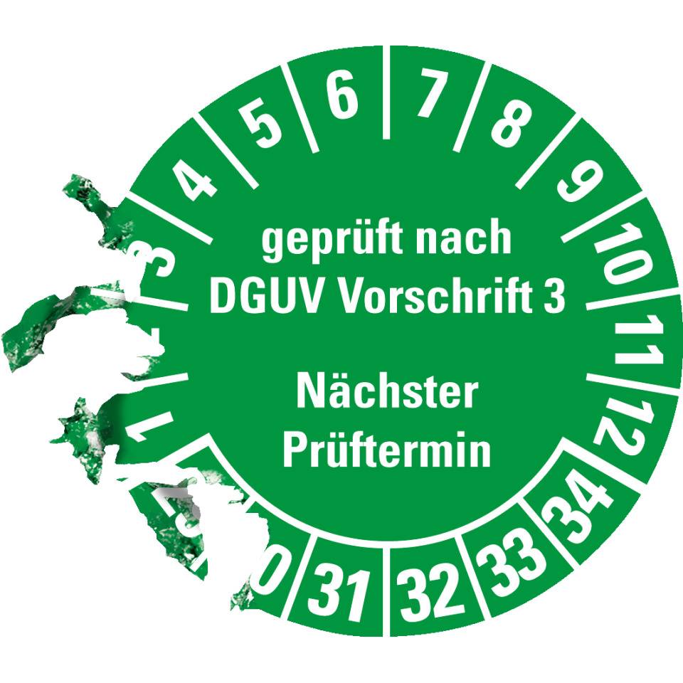 Prüfplakette Geprüft nach DGUV Vorschrift 3 Nächster Prüftermin 29-34, grün, Dokumentenfolie, Ø25mm, 21/Bogen