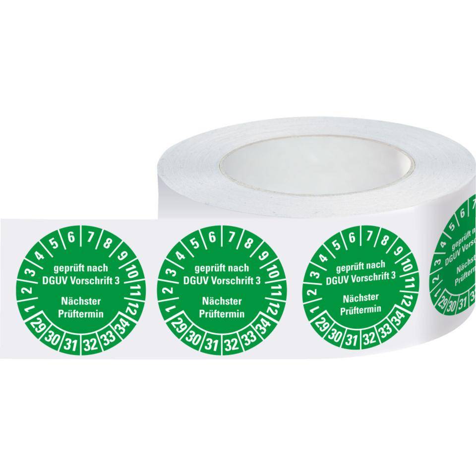 Prüfplakette geprüft DGUV Vorschrift 3 Nächster Prüftermin 29-34, grün, Dokumentenfolie, Ø30mm, 500/Rolle
