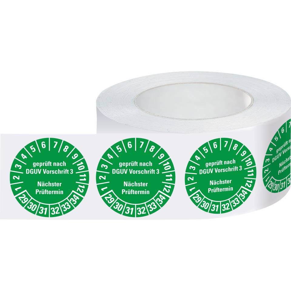Prüfplakette Geprüft nach DGUV Vorschrift 3 Nächster Prüftermin, 29-34, grün, Folie, ablösbar, Ø 30mm, 500/Rolle