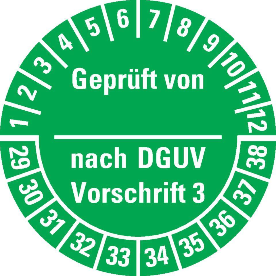 Prüfplakette Geprüft von-nach DGUV Vorschrift 3, 29-38, grün, Dokumentenfolie, Ø25mm, 21/Bogen