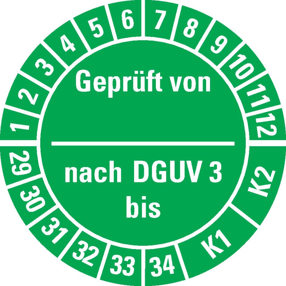 Prüfplakette Geprüft von - nach DGUV Vorschrift 3 K1/K2, 29-34, grün, Dokumentenfolie, Ø25mm, 21/Bogen