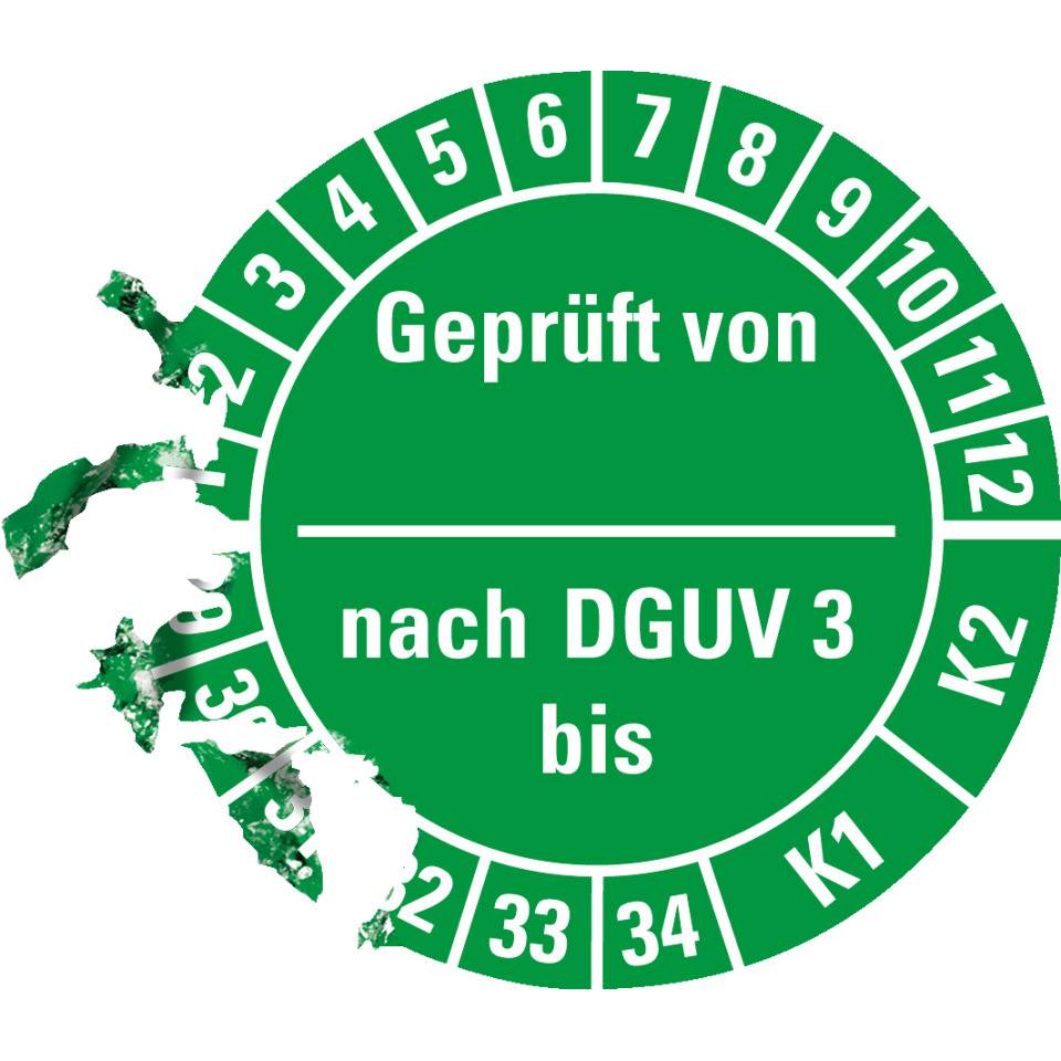 Prüfplakette Geprüft von - nach DGUV Vorschrift 3 K1/K2, 29-34, grün, Dokumentenfolie, Ø25mm, 21/Bogen