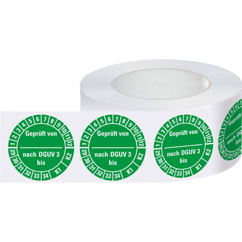 Prüfplakette Geprüft von - nach DGUV Vorschrift 3 K1/K2, 29-34, grün, Dokumentenfolie, Ø 25mm, 500/RO