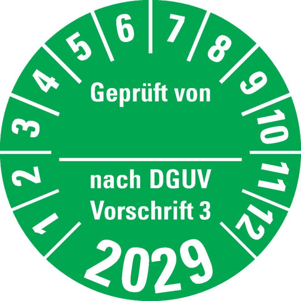 Prüfplakette Geprüft von nach DGUV 3, 2029, grün, Dokumentenfolie, Ø 30mm, 500/Rolle