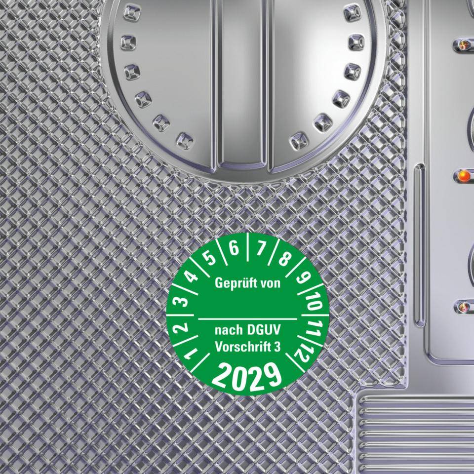 Prüfplakette Geprüft von nach DGUV 3, 2029, grün, Dokumentenfolie, Ø 30mm, 500/Rolle