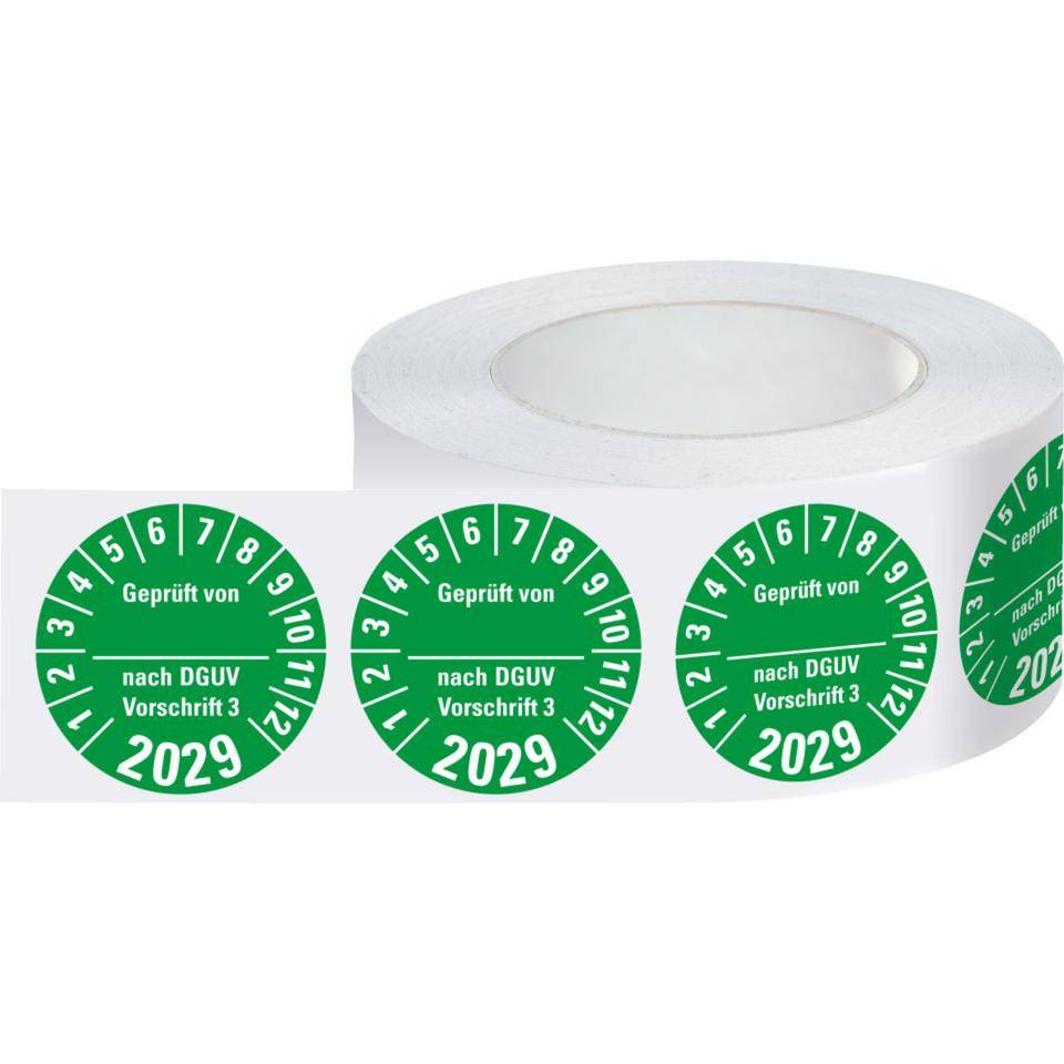 Prüfplakette Geprüft von nach DGUV 3, 2029, grün, Dokumentenfolie, Ø 30mm, 500/Rolle