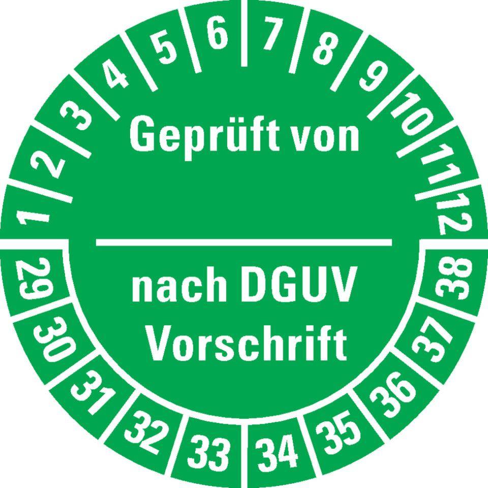 Prüfplakette Geprüft-DGUV Vorschrift, 29-38, grün, Dokumentenfolie, Ø 30mm, 18/Bogen