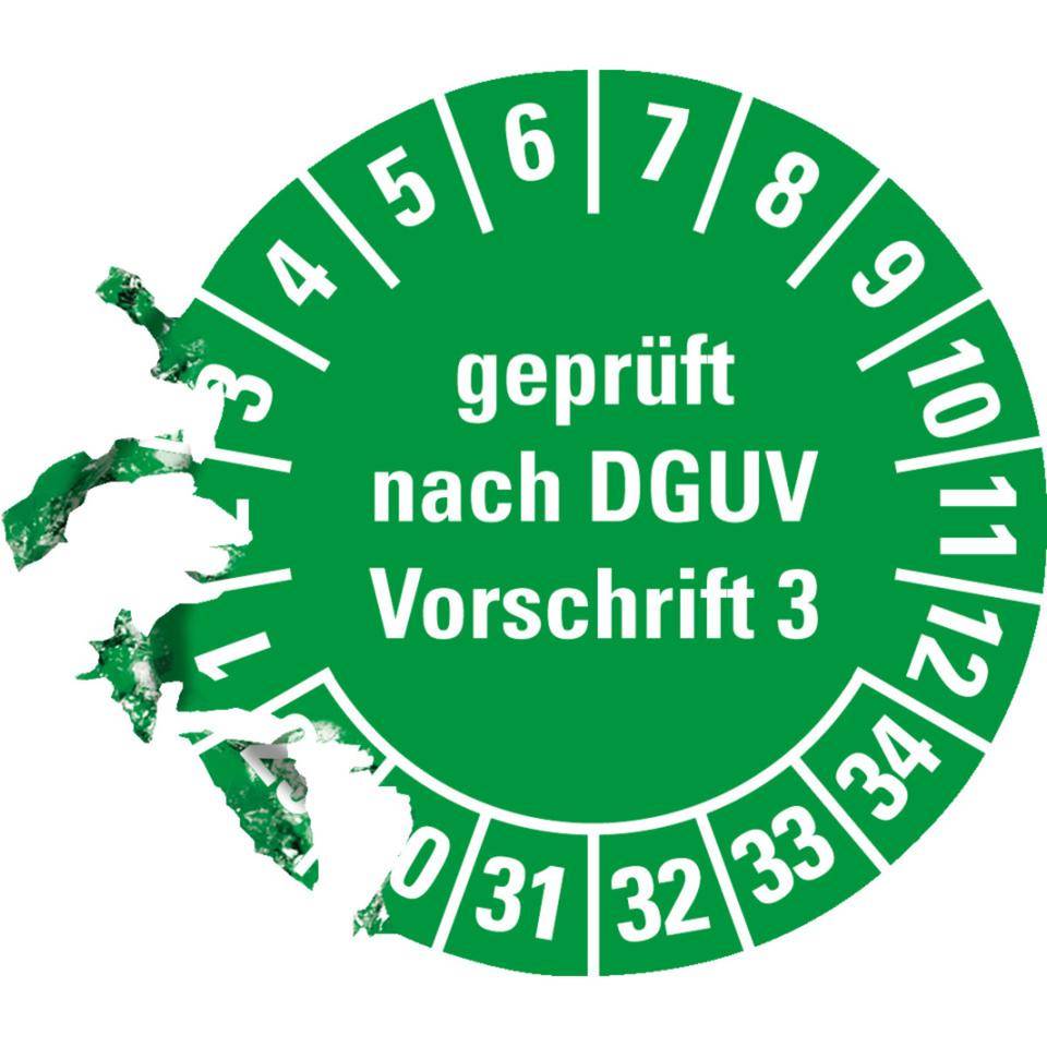 Prüfplakette Geprüft nach DGUV Vorschrift 3 29-34, grün, Dokumentenfolie, Ø 20mm, 36/Bogen
