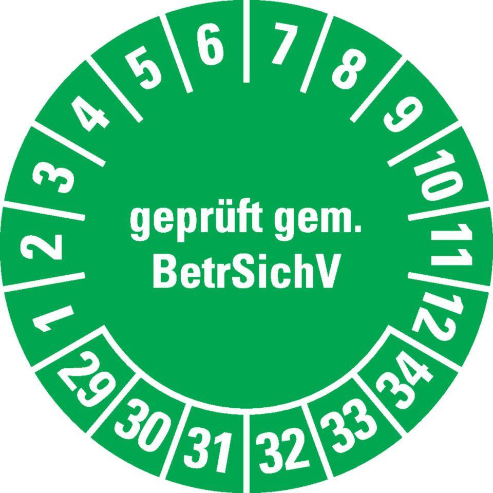 Prüfplakette BetrSichV, 29-34, grün, Dokumentenfolie, selbstklebend, Ø 30mm, 18/Bogen