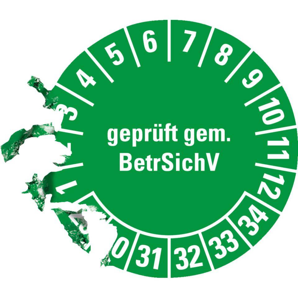 Prüfplakette BetrSichV, 29-34, grün, Dokumentenfolie, selbstklebend, Ø 30mm, 18/Bogen