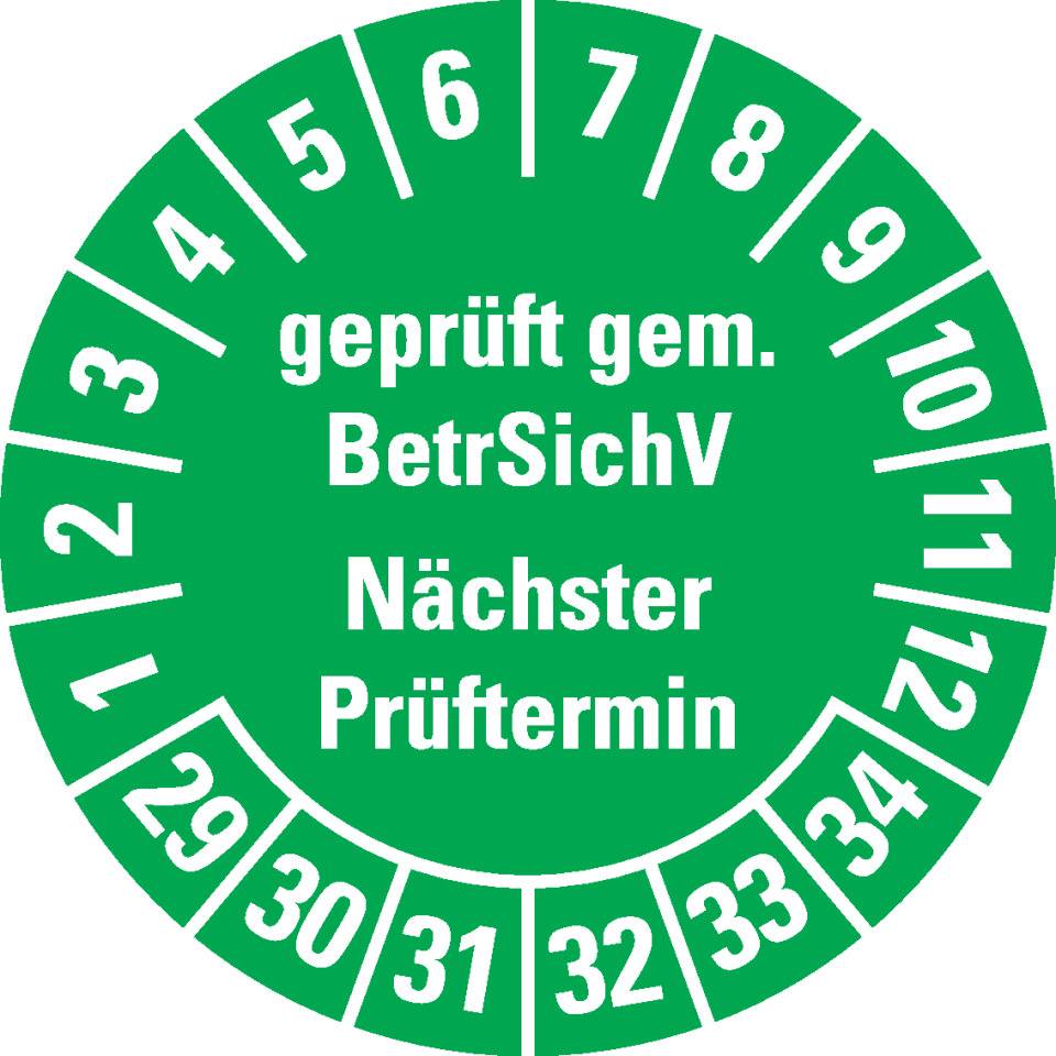 Prüfplakette BetrSichV nächster Prüftermin, 29-34, grün, Dokumentenfolie, Ø30mm, 18/Bogen