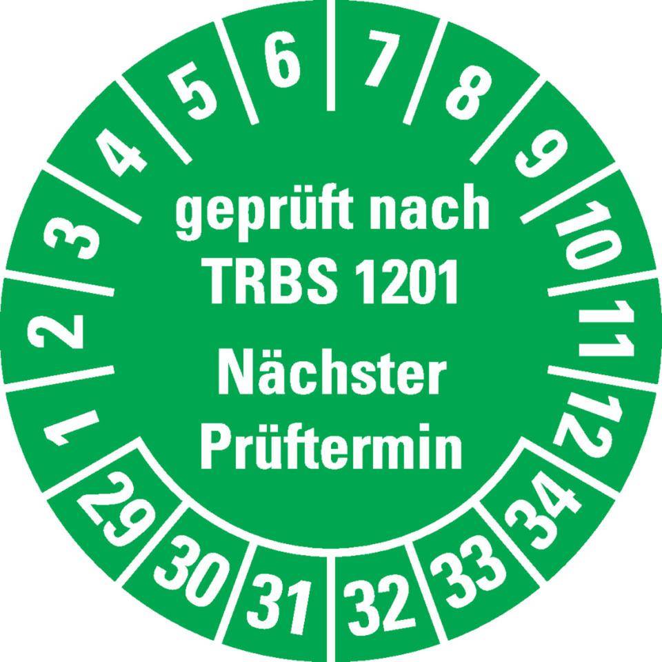 Prüfplakette TRBS 1201 nächster Prüftermin 29-34, grün, Dokumentenfolie, Ø30mm, 18/Bogen