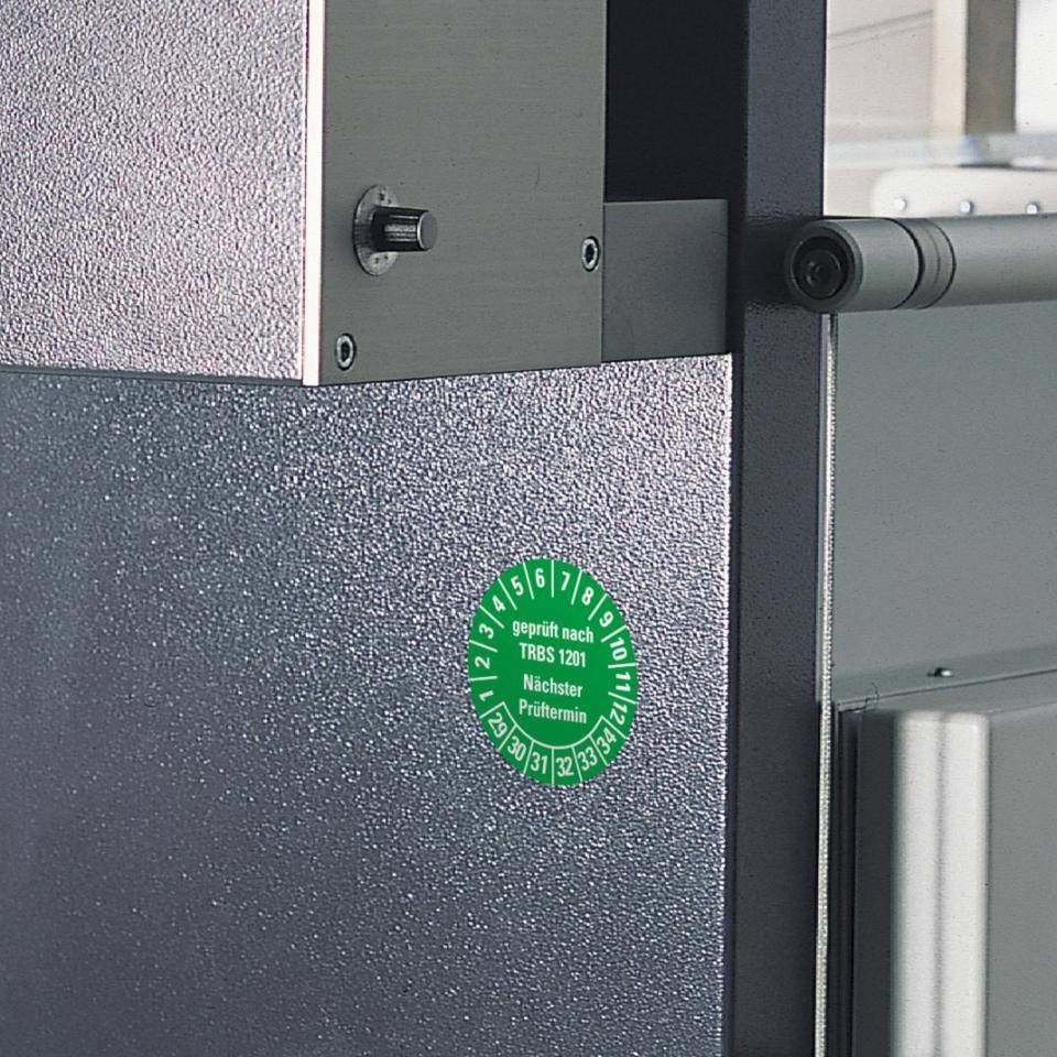 Prüfplakette TRBS 1201 nächster Prüftermin 29-34, grün, Dokumentenfolie, Ø30mm, 18/Bogen