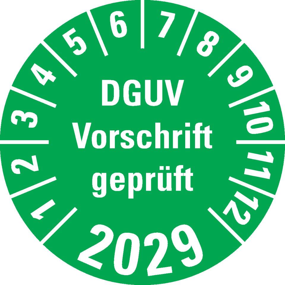 Prüfplakette DGUV Vorschrift geprüft 2029, grün, Dokumentenfolie, Ø 30mm, 18/Bogen