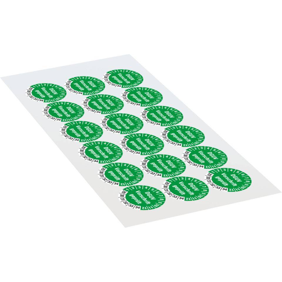 Prüfplakette DGUV Vorschrift geprüft, 29-34, grün, Dokumentenfolie, Ø 30mm, 18/Bogen