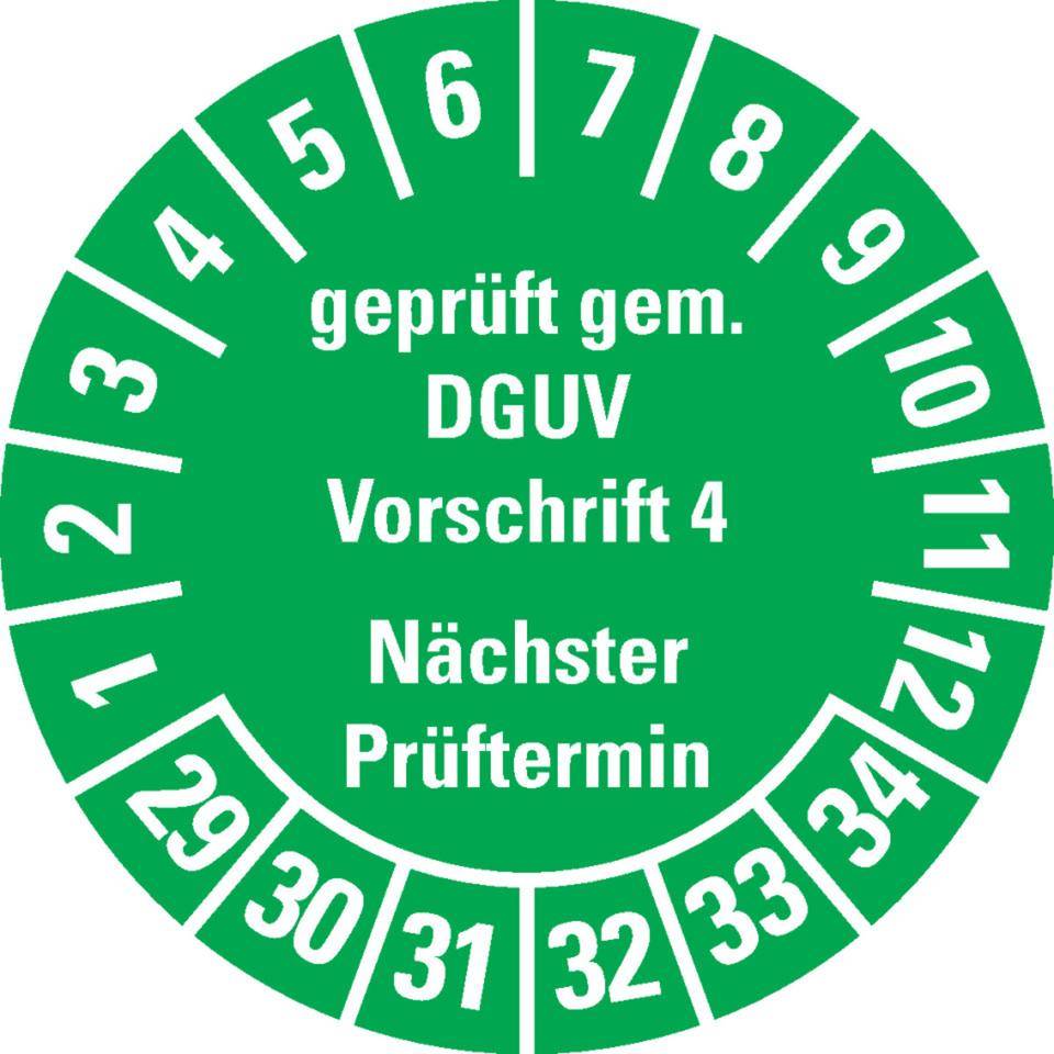 Prüfplakette Geprüft gemäß DGUV Vorschrift 4, 29-34, grün, Dokumentenfolie, Ø30mm, 18/BOG