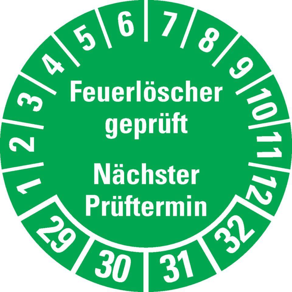 Prüfplakette Feuerlöscher geprüft, Nächster Prüftermin, 29-32, grün, Dokumentenfolie, Ø 30mm, 18/Bogen
