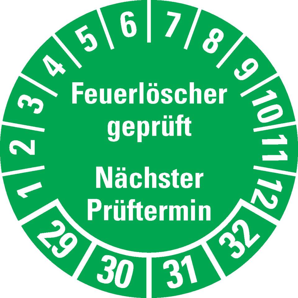 Prüfplakette Feuerlöscher geprüft, Nächster Prüftermin, 29-32, grün, Dokumentenfolie, Ø 30mm, 18/Bogen