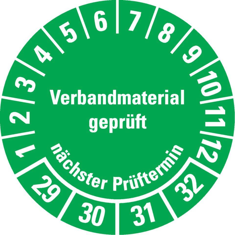 Prüfplakette Verbandmaterial geprüft, Nächster Prüftermin 29-32,grün, Dokumentenfolie, Ø 35mm, 10/Bogen