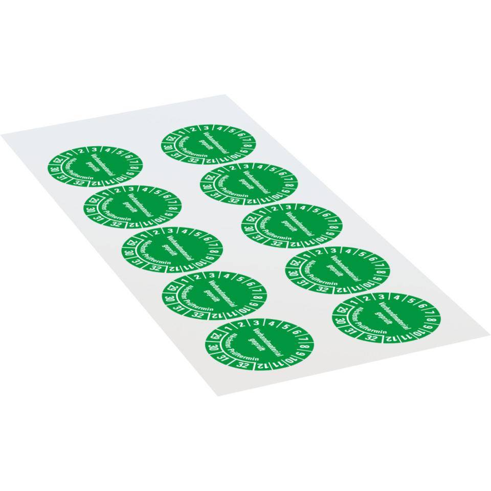 Prüfplakette Verbandmaterial geprüft, Nächster Prüftermin 29-32,grün, Dokumentenfolie, Ø 35mm, 10/Bogen