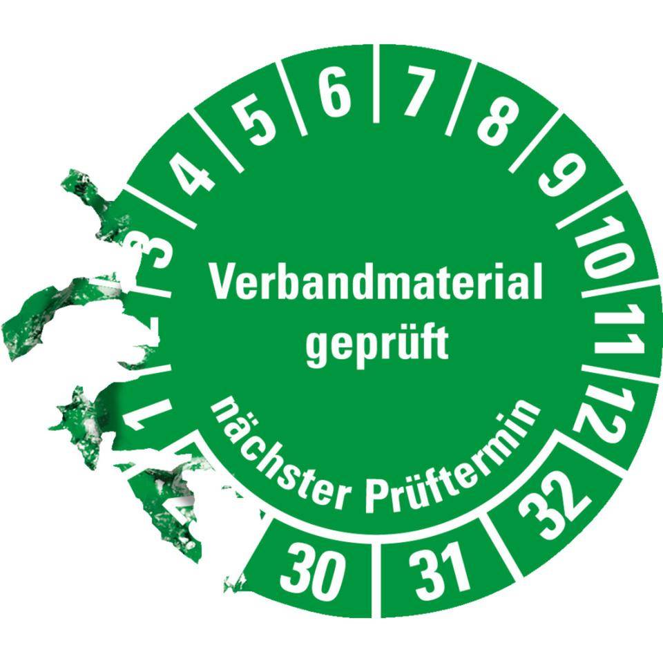 Prüfplakette Verbandmaterial geprüft, Nächster Prüftermin 29-32,grün, Dokumentenfolie, Ø 35mm, 10/Bogen