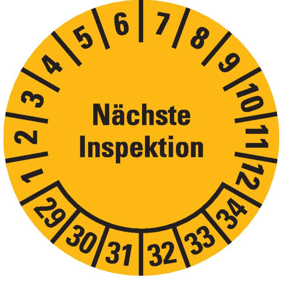 Prüfplakette Nächste Inspektion 29-34, gelb, Dokumentenfolie, Ø 20mm, 36/Bogen