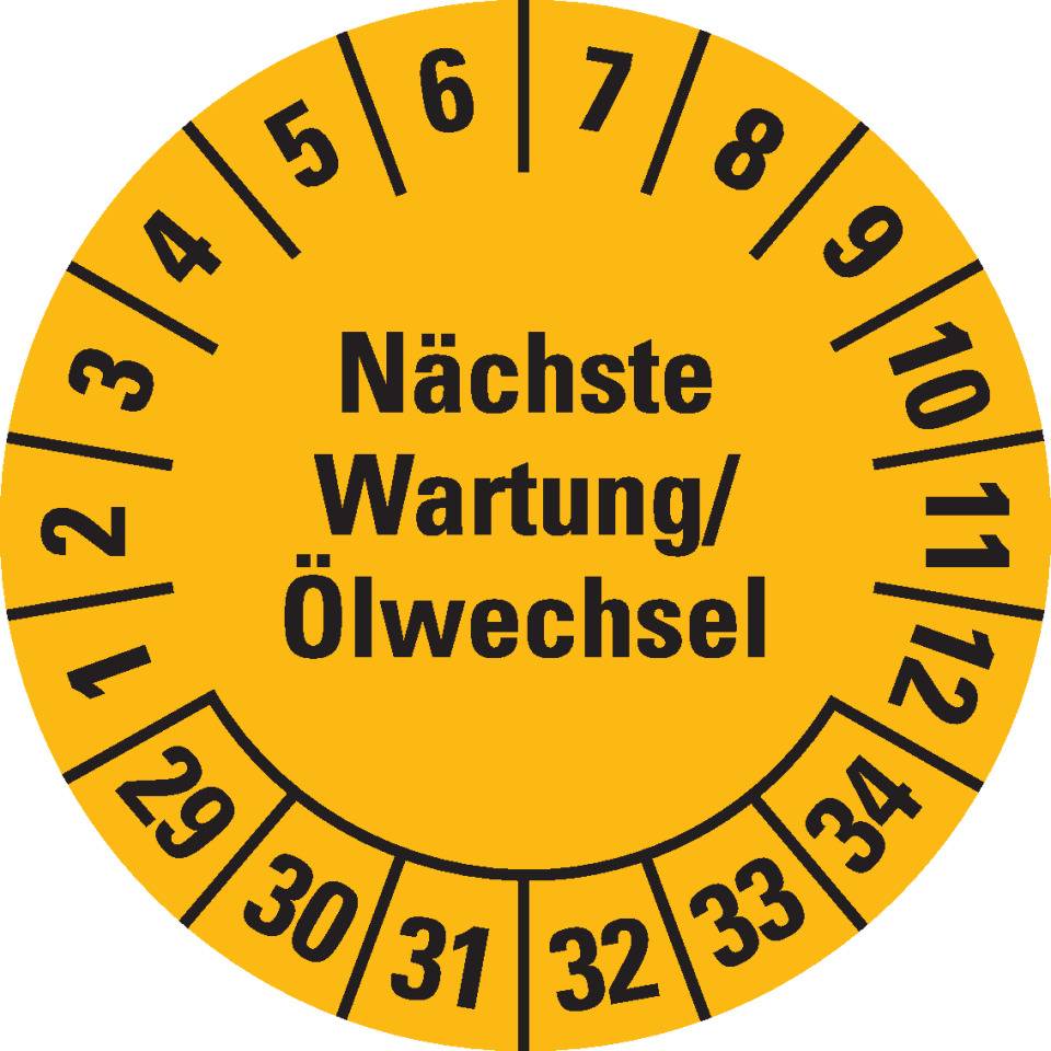 Prüfplakette Nächste Wartung/Ölwechsel 29-34, gelb, Dokumentenfolie, Ø30mm, 18/Bogen