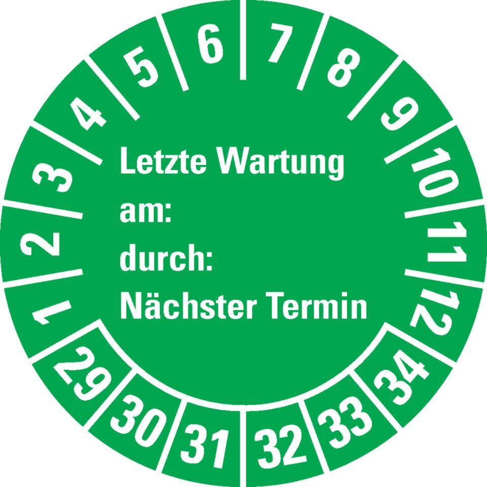 Prüfplakette Letzte Wart., am, durch, Nächste Prüfung 29-34, grün, Dokumentenfolie, Ø30mm, 18/BOG