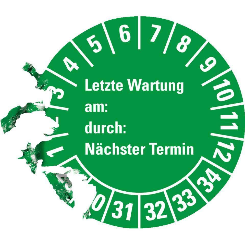 Prüfplakette Letzte Wart., am, durch, Nächste Prüfung 29-34, grün, Dokumentenfolie, Ø30mm, 18/BOG