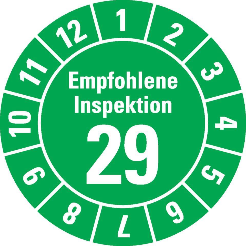 Prüfplakette Empf.Inspektion 29, grün, Dokumentenfolie, Ø 30mm, 18/Bogen