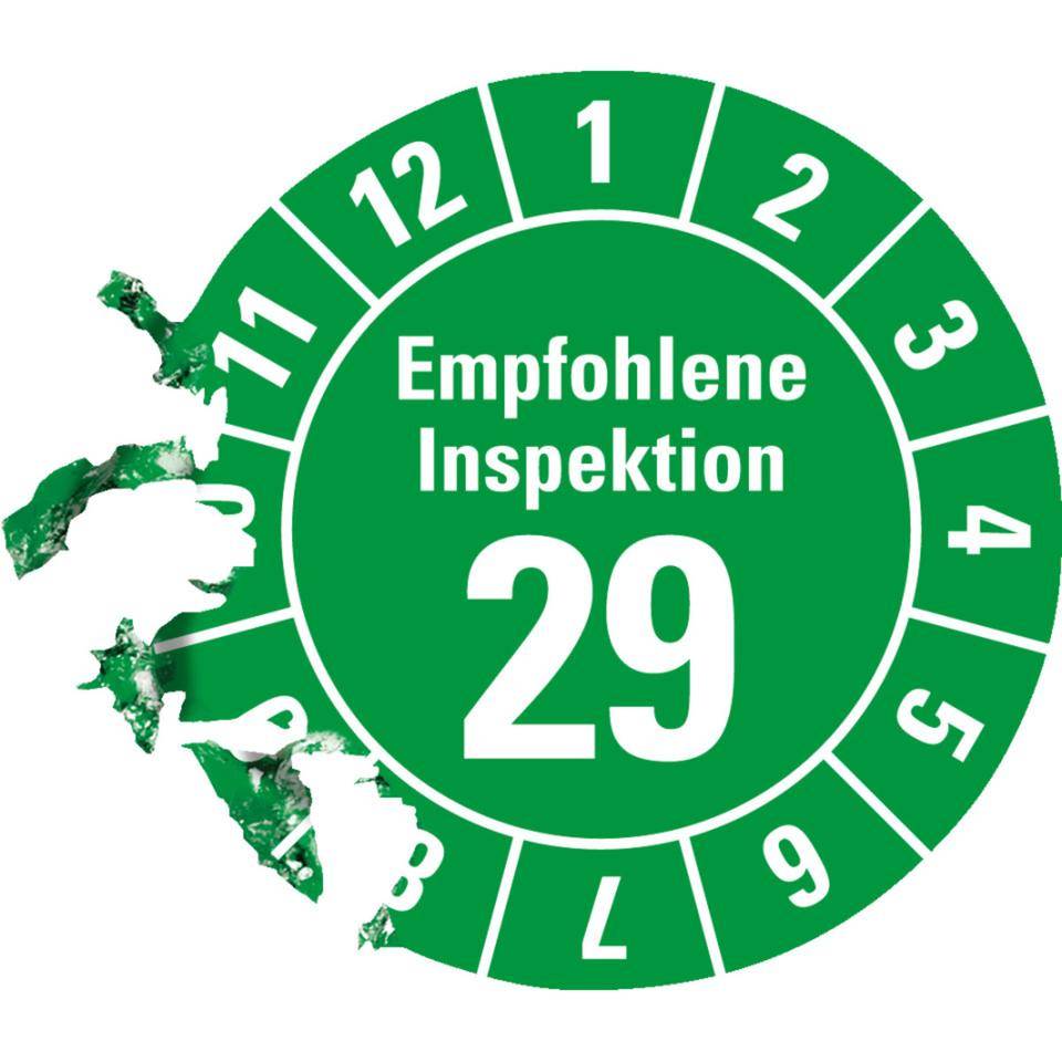 Prüfplakette Empf.Inspektion 29, grün, Dokumentenfolie, Ø 30mm, 18/Bogen
