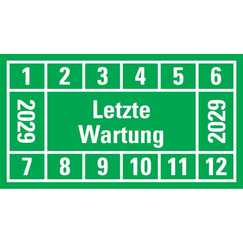 Prüfplakette Letzte Wartung 2029, grün, Dokumentenfolie, 45x25mm, 12/Bogen