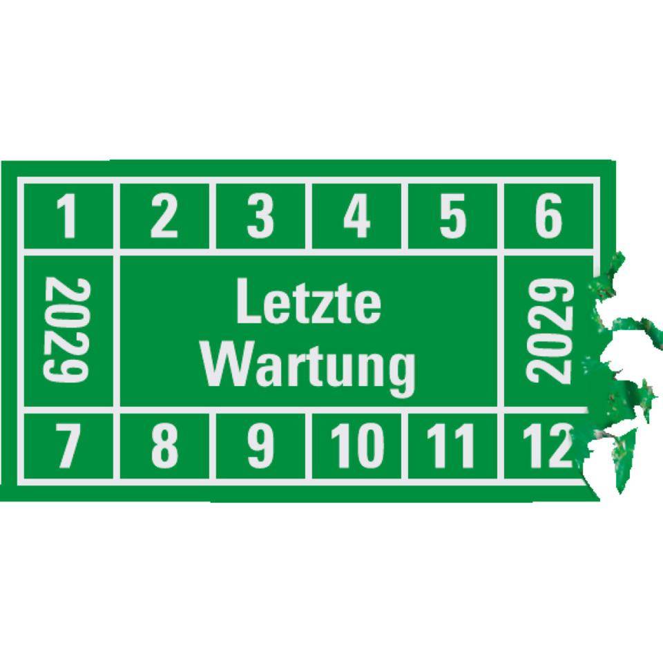 Prüfplakette Letzte Wartung 2029, grün, Dokumentenfolie, 45x25mm, 12/Bogen