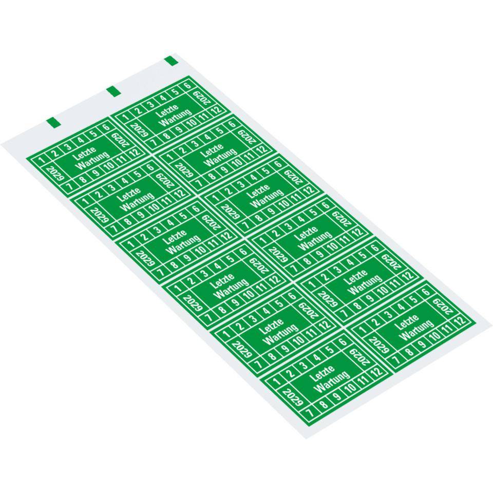 Prüfplakette Letzte Wartung 2029, grün, Dokumentenfolie, 45x25mm, 12/Bogen