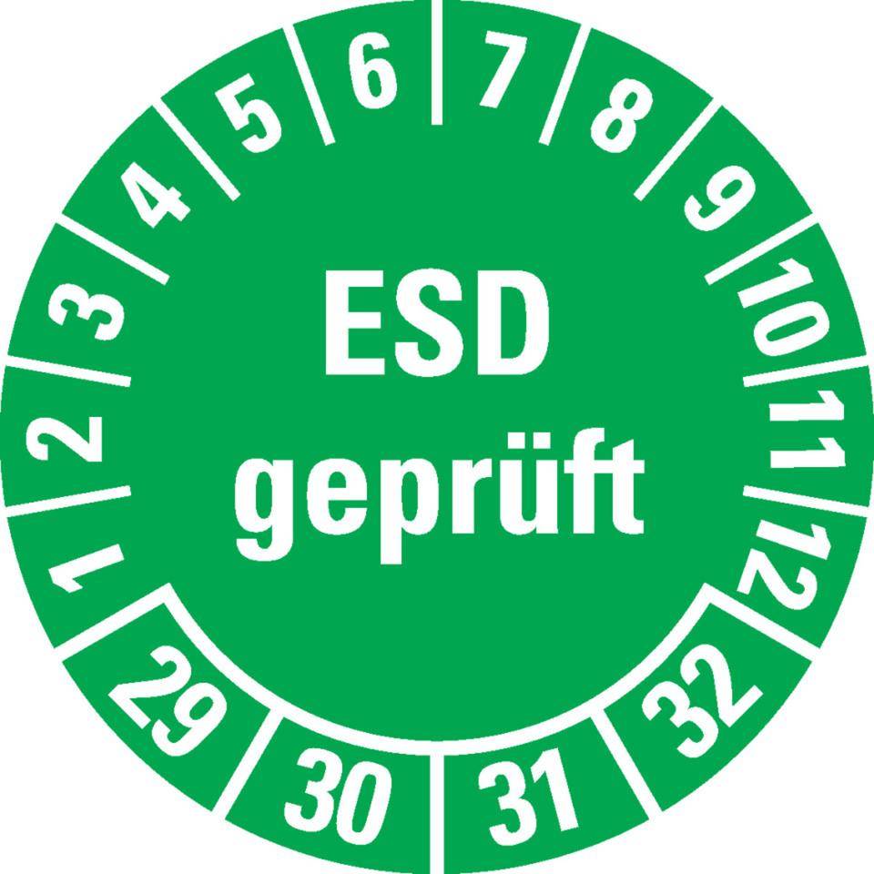 Prüfplakette ESD geprüft 29-32, grün, Dokumentenfolie, Ø 30mm, 18/Bogen