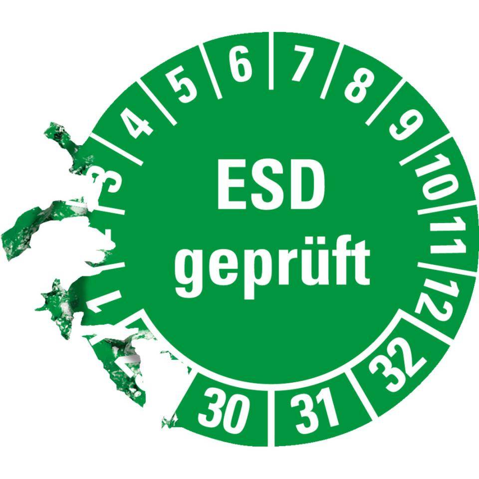 Prüfplakette ESD geprüft 29-32, grün, Dokumentenfolie, Ø 30mm, 18/Bogen