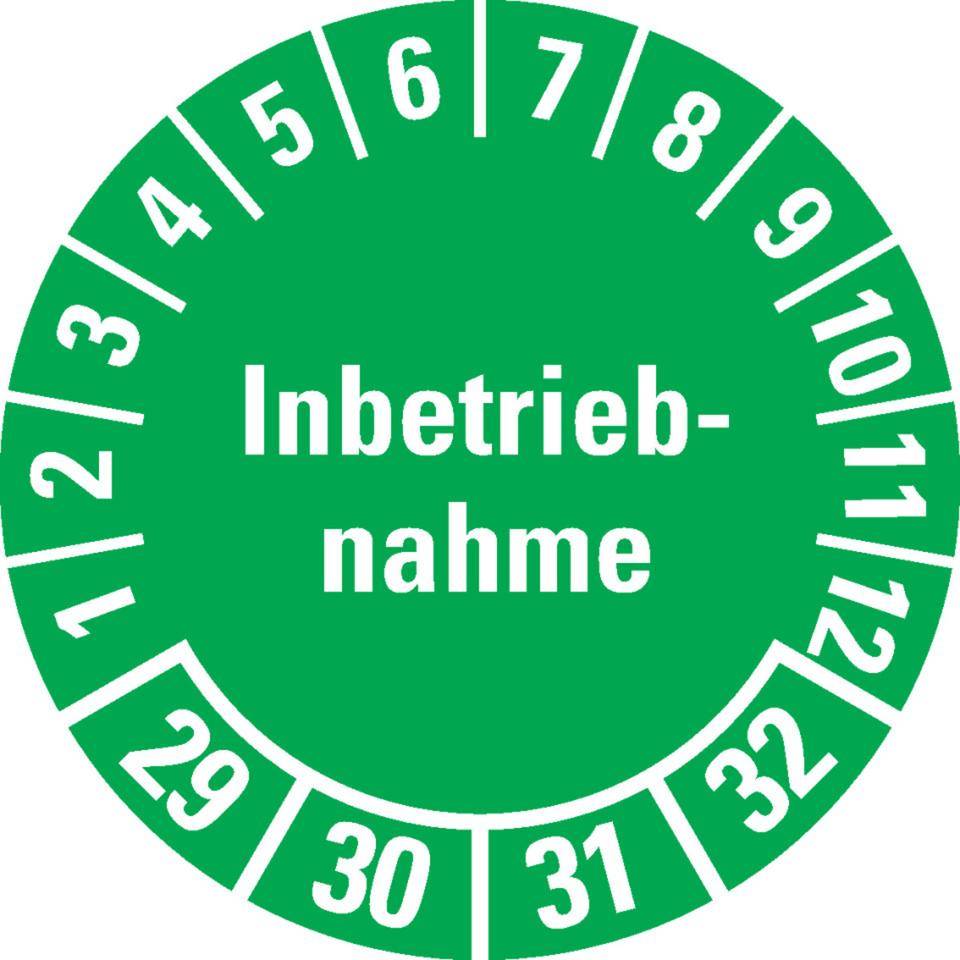 Prüfplakette Inbetriebnahme 29-32, grün, Dokumentenfolie, Ø 30mm, 18/Bogen