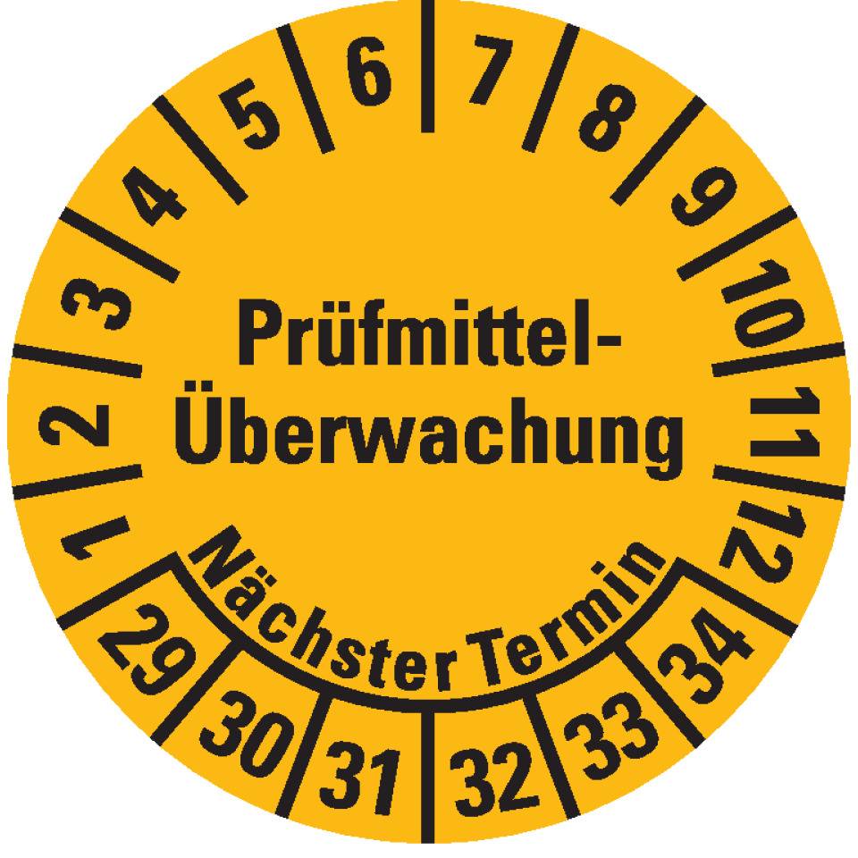 Prüfplakette Prüfmitteltelü.Nächster Termin 29-34, gelb, Dokumentenfolie, Ø 20mm, 36/Bogen
