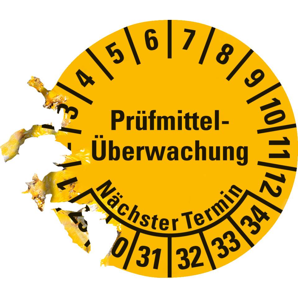 Prüfplakette Prüfmitteltelü.Nächster Termin 29-34, gelb, Dokumentenfolie, Ø 20mm, 36/Bogen