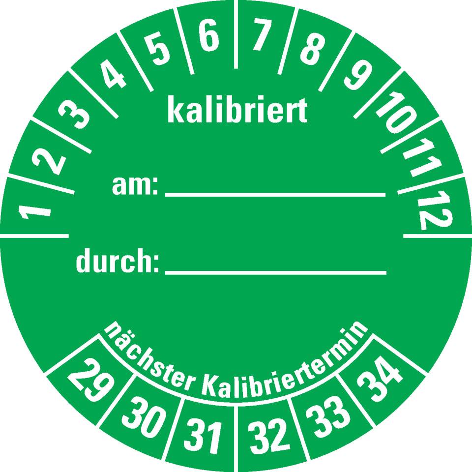 Prüfplakette kalibriert 29-34, grün, Dokumentenfolie, selbstklebend, Ø 40mm, 10/Bogen