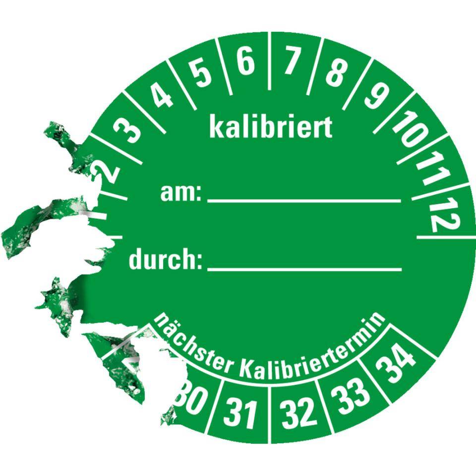 Prüfplakette kalibriert 29-34, grün, Dokumentenfolie, selbstklebend, Ø 40mm, 10/Bogen